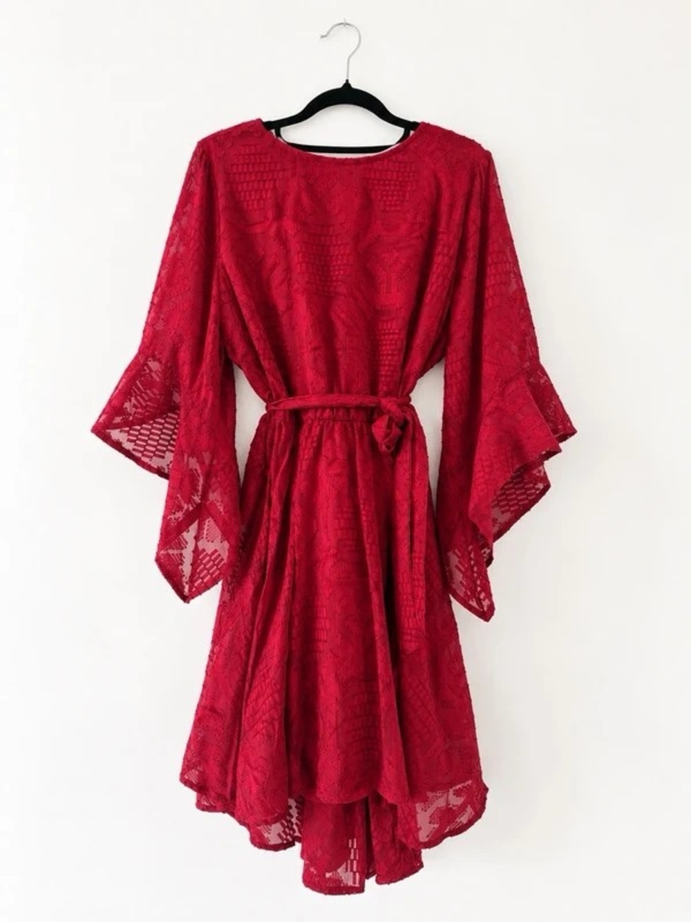 Women's Red Lace High-Low Dress with Bell Sleeves and Waist Tie